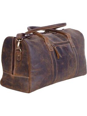 Men's Buffalo Distressed Tan Genuine Leather Duffel Travel Overnight Weekend Bag